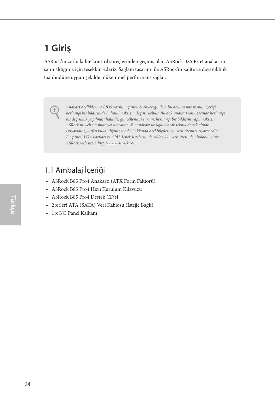 Turkish, 1 giriş, 1 ambalaj içeriği | ASRock B85 Pro4 User Manual | Page 96 / 163
