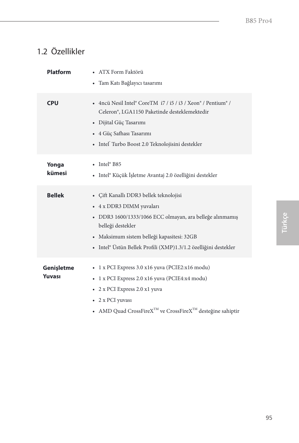 2 özellikler, B 8 5 pro4, Türk çe | ASRock B85 Pro4 User Manual | Page 97 / 163