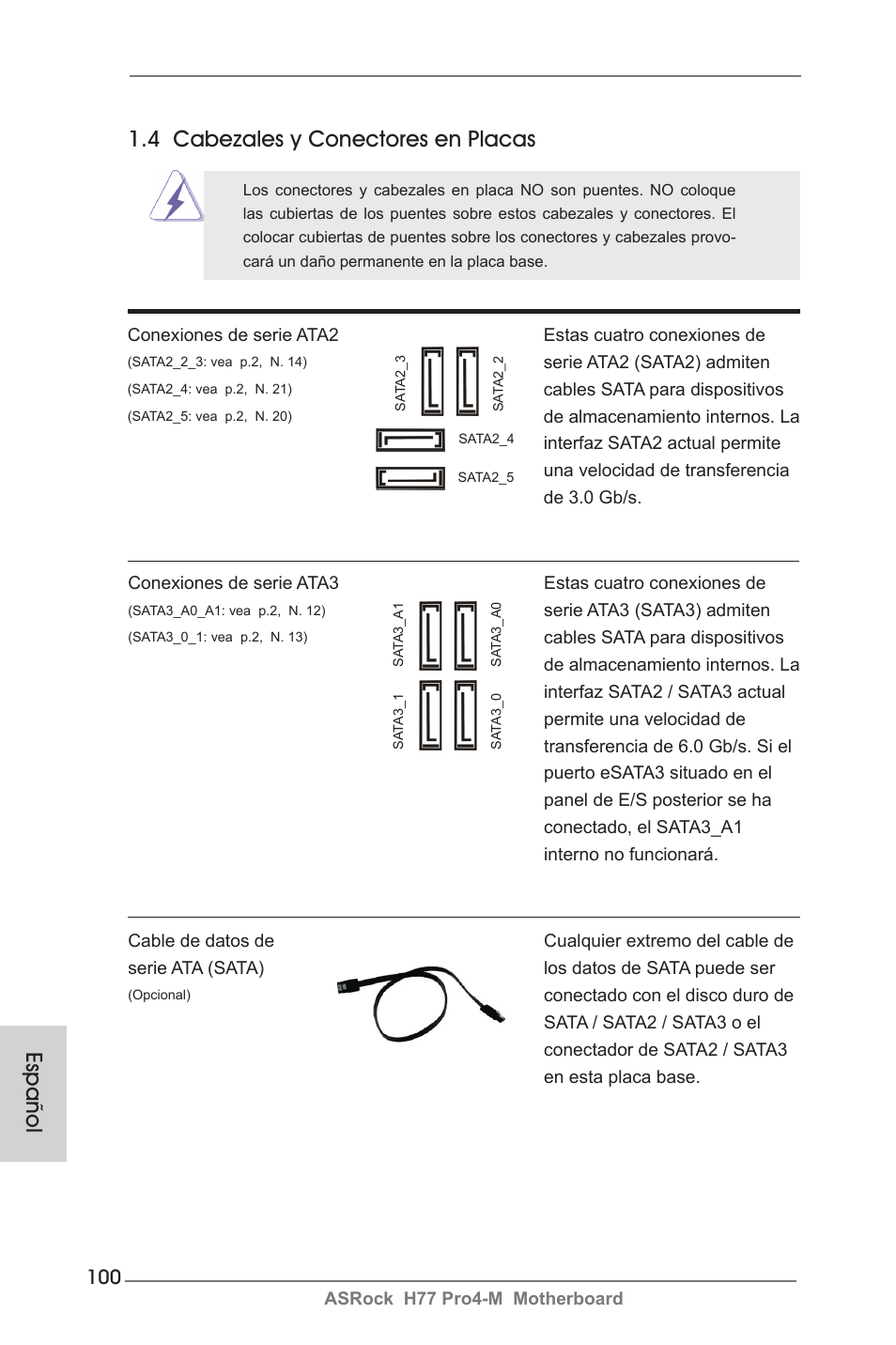 Español 1.4 cabezales y conectores en placas | ASRock H77 Pro4-M User Manual | Page 100 / 230