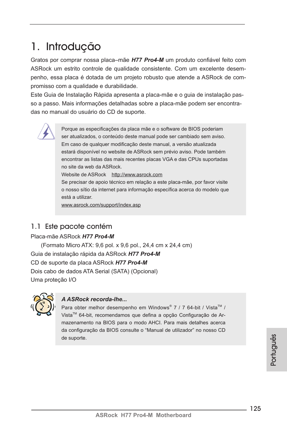Portuguese, Introdução, Por tuguês | 1 este pacote contém | ASRock H77 Pro4-M User Manual | Page 125 / 230