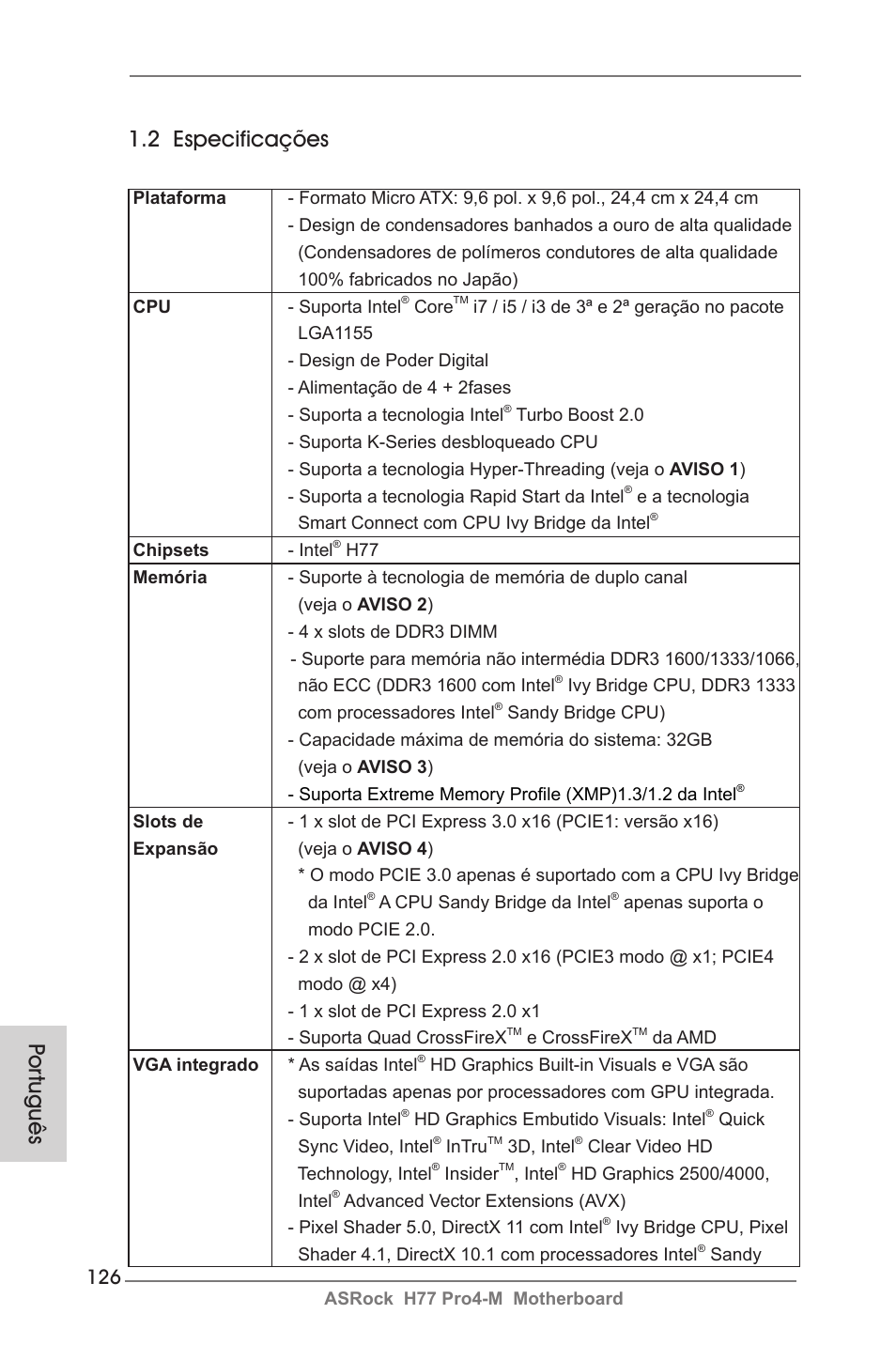 Por tuguês 1.2 especificações | ASRock H77 Pro4-M User Manual | Page 126 / 230