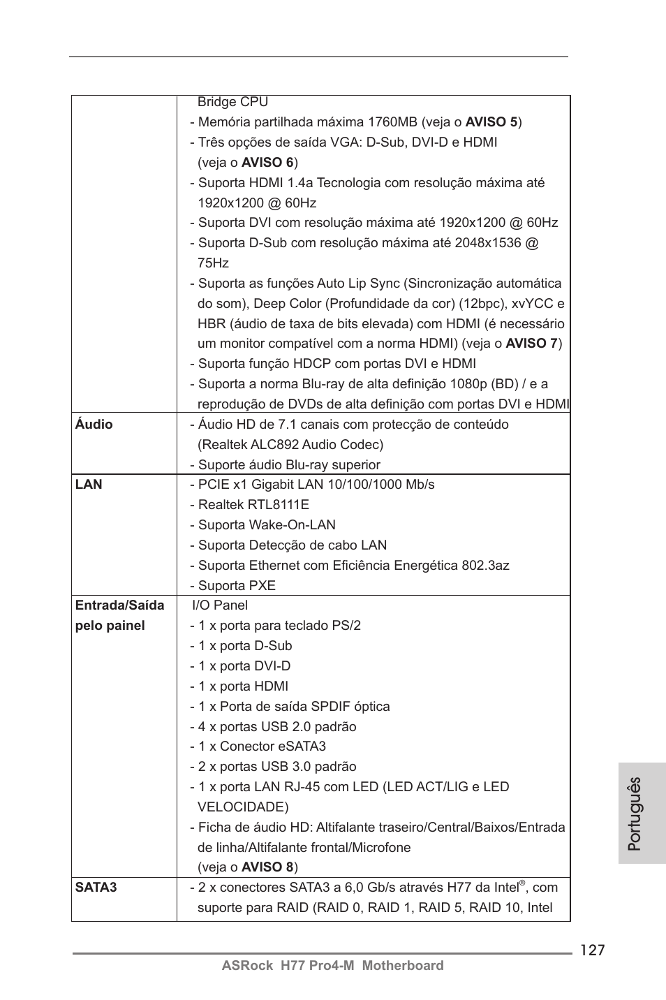 Por tuguês | ASRock H77 Pro4-M User Manual | Page 127 / 230