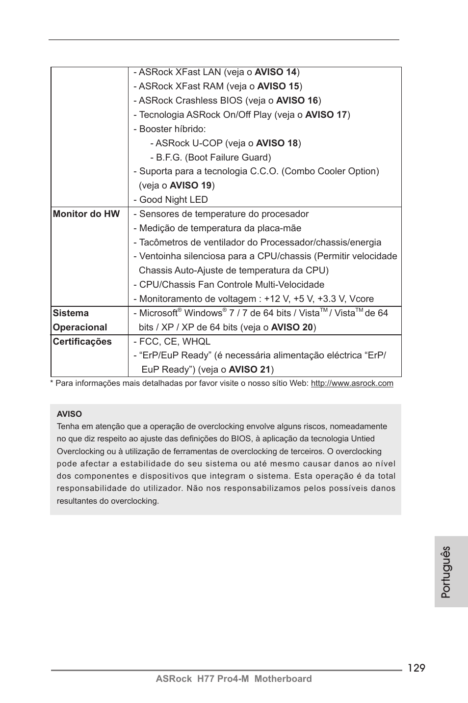 Por tuguês | ASRock H77 Pro4-M User Manual | Page 129 / 230