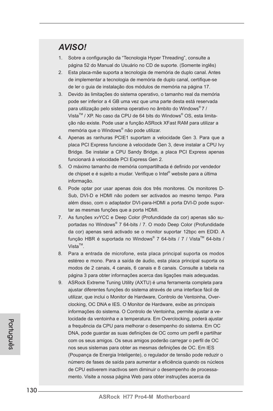 Aviso, Por tuguês, Asrock h77 pro4-m motherboard | ASRock H77 Pro4-M User Manual | Page 130 / 230
