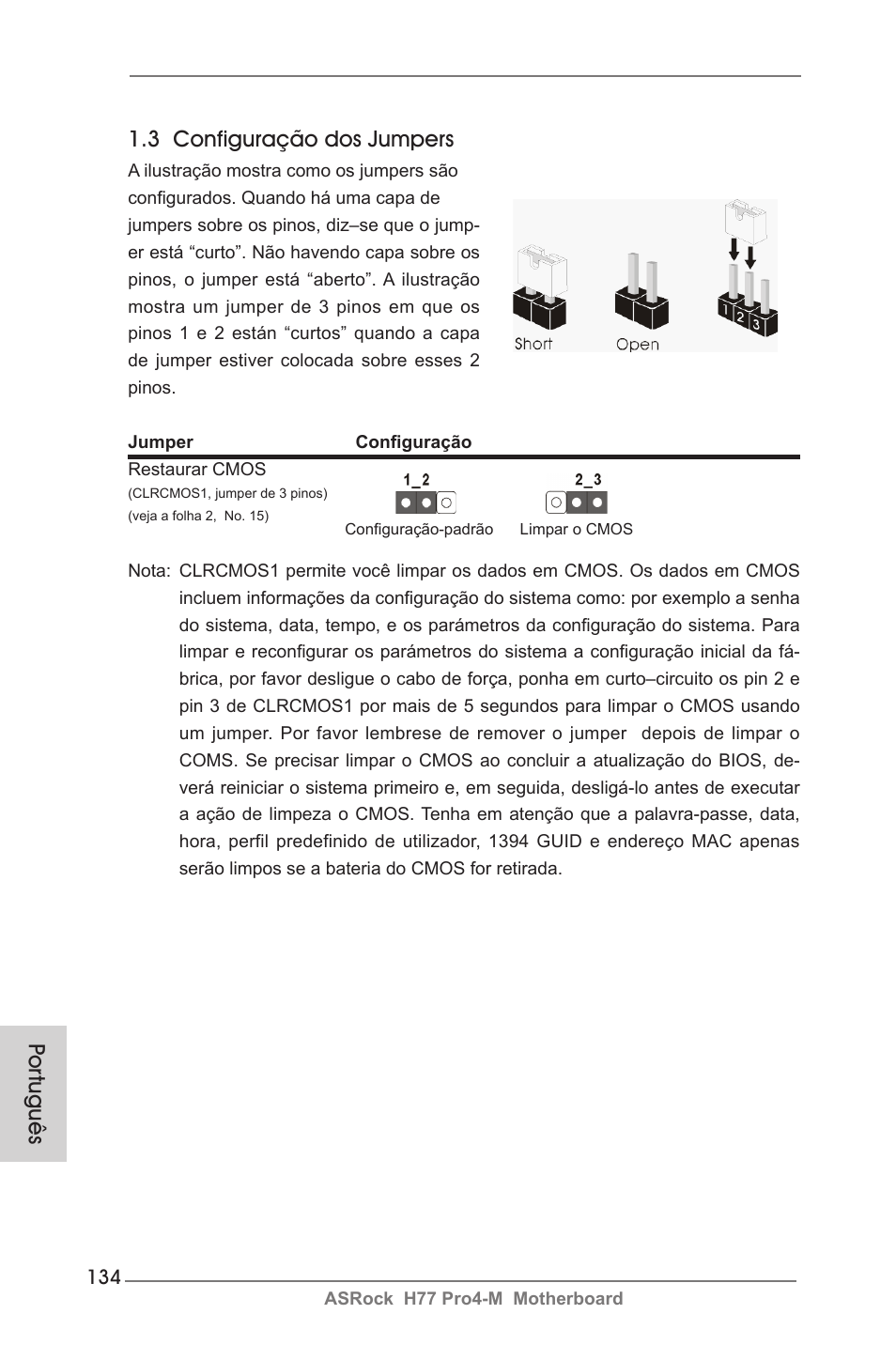Por tuguês 1.3 configuração dos jumpers | ASRock H77 Pro4-M User Manual | Page 134 / 230