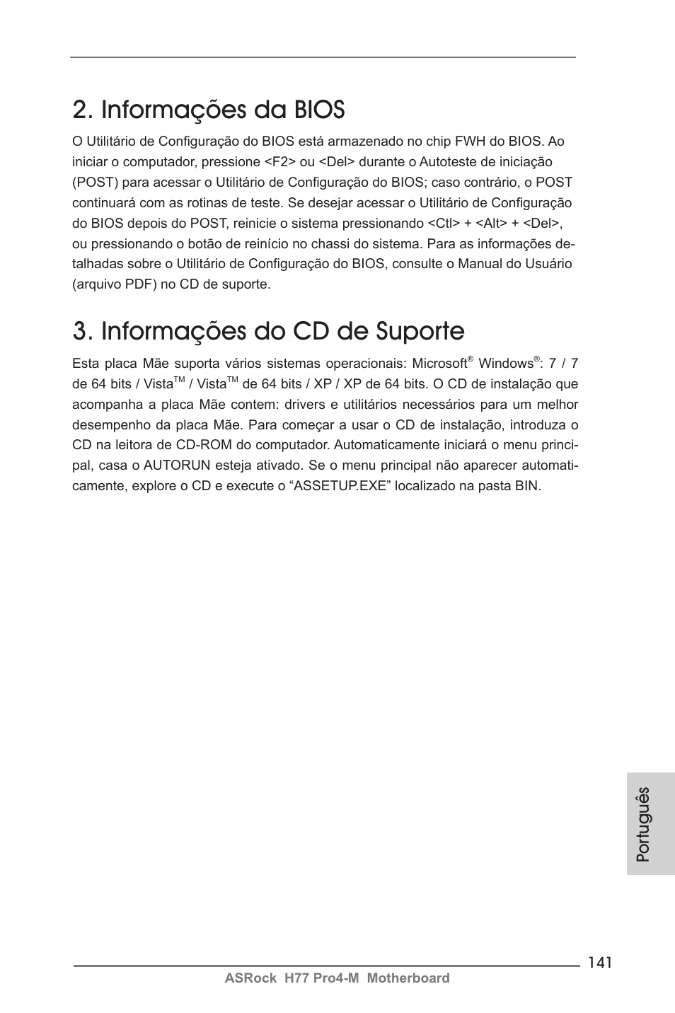 Informações da bios, Informações do cd de suporte, Por tuguês | ASRock H77 Pro4-M User Manual | Page 141 / 230