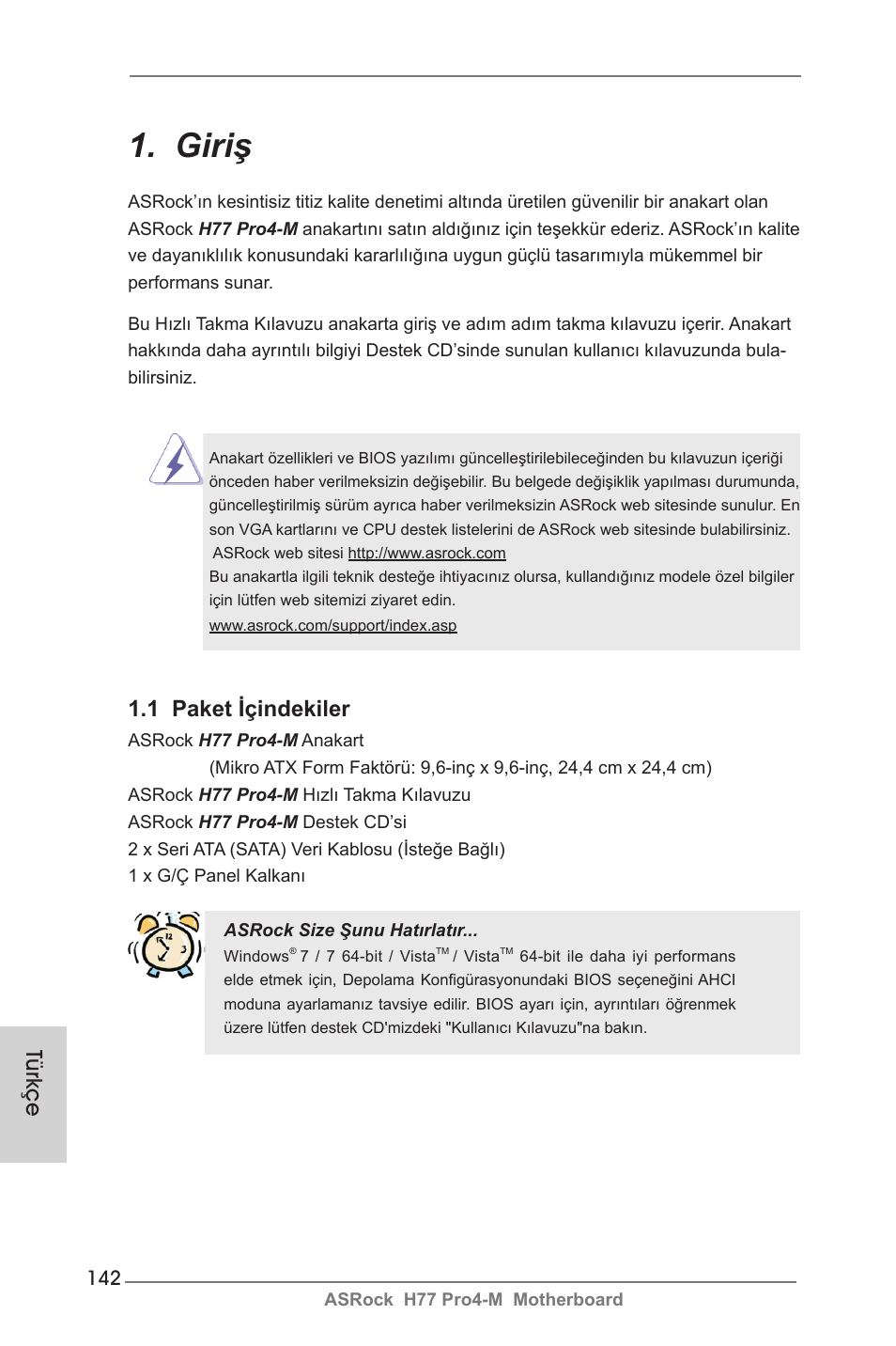 Turkish, Giriş, 1 paket içindekiler | Türkçe | ASRock H77 Pro4-M User Manual | Page 142 / 230