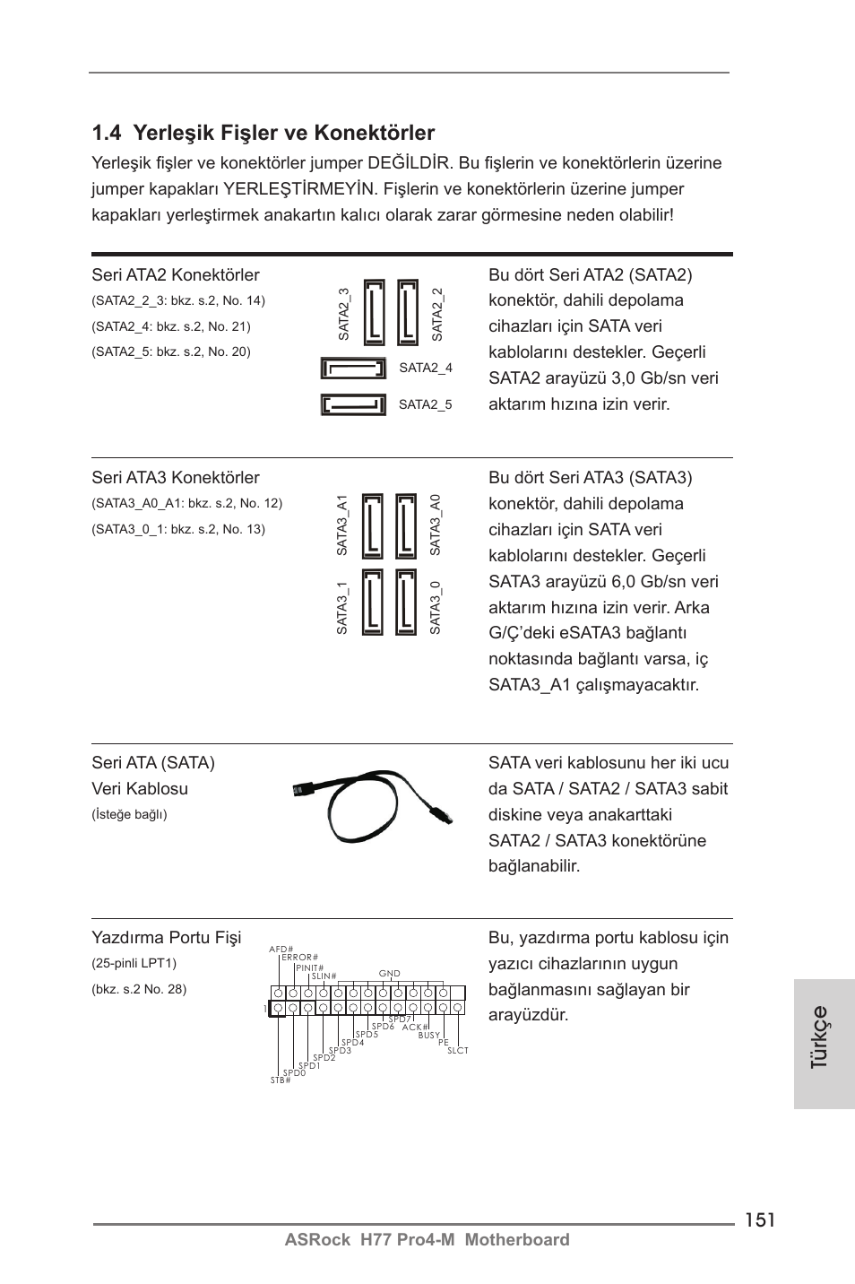 Türkçe 1.4 yerleşik fişler ve konektörler | ASRock H77 Pro4-M User Manual | Page 151 / 230