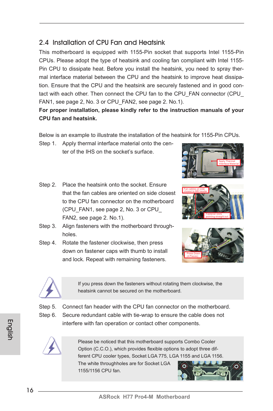 4 installation of cpu fan and heatsink, English | ASRock H77 Pro4-M User Manual | Page 16 / 230