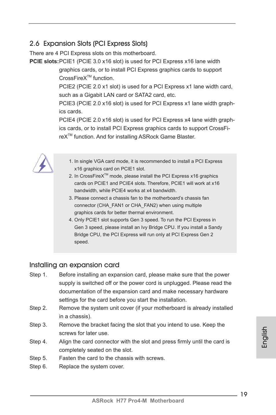 English 2.6 expansion slots (pci express slots), Installing an expansion card | ASRock H77 Pro4-M User Manual | Page 19 / 230