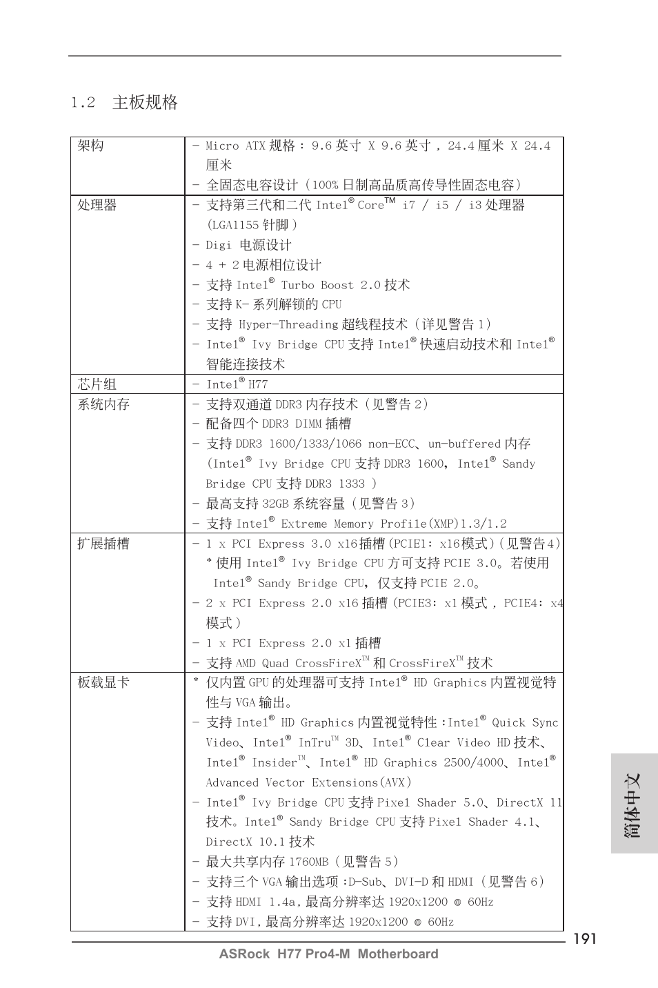 簡體中文 1.2 主板規格 | ASRock H77 Pro4-M User Manual | Page 191 / 230