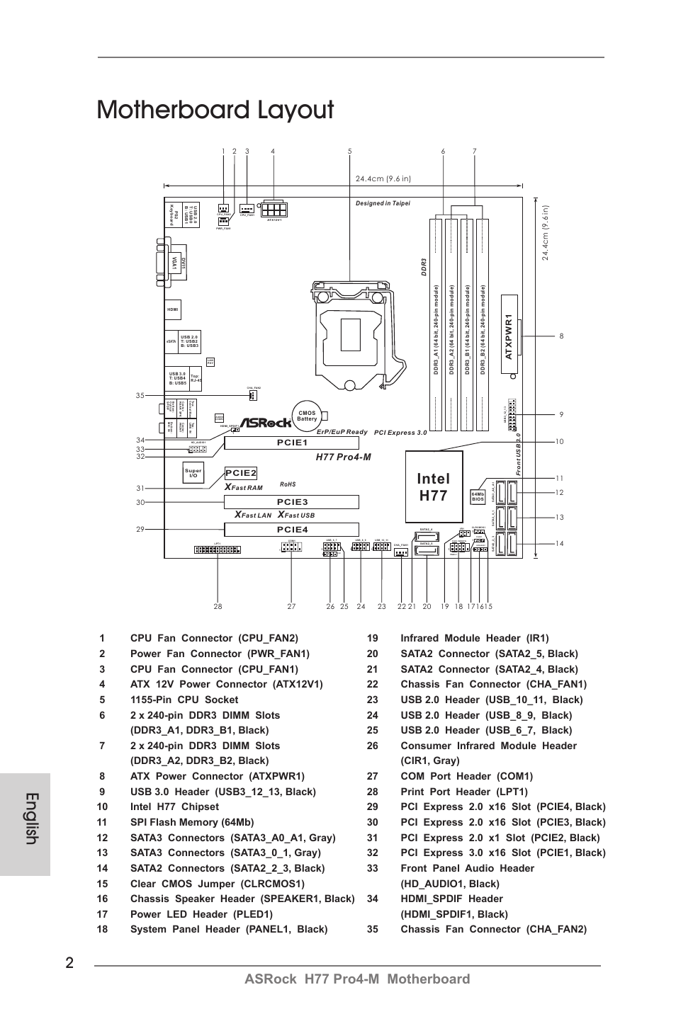 Motherboard layout, English, Intel h77 | Asrock h77 pro4-m motherboard, H77 pro4-m, Pcie2 pcie1, Pcie3, Pcie4 | ASRock H77 Pro4-M User Manual | Page 2 / 230