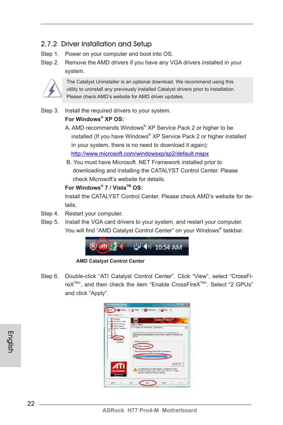 English, 2 driver installation and setup | ASRock H77 Pro4-M User Manual | Page 22 / 230
