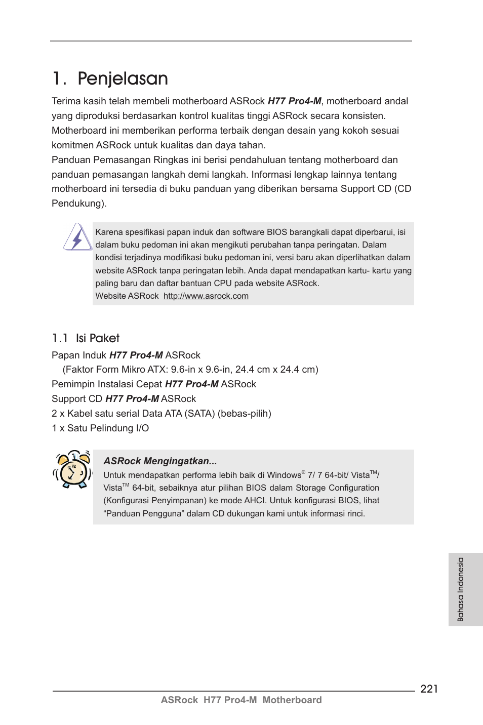 Indonesian, Penjelasan, 1 isi paket | ASRock H77 Pro4-M User Manual | Page 221 / 230