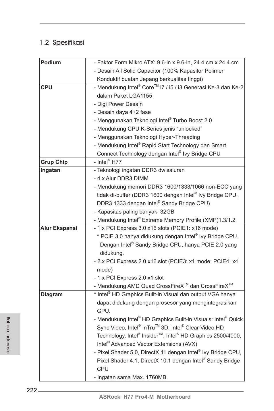 2 spesifikasi | ASRock H77 Pro4-M User Manual | Page 222 / 230