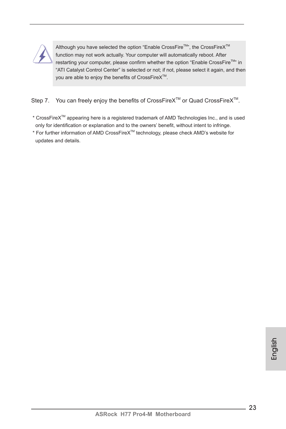 English, Asrock h77 pro4-m motherboard, Or quad crossfirex | ASRock H77 Pro4-M User Manual | Page 23 / 230