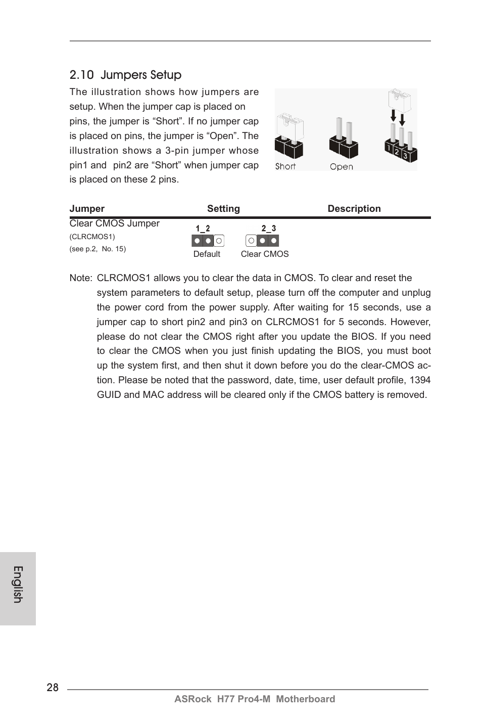 English 2.10 jumpers setup | ASRock H77 Pro4-M User Manual | Page 28 / 230