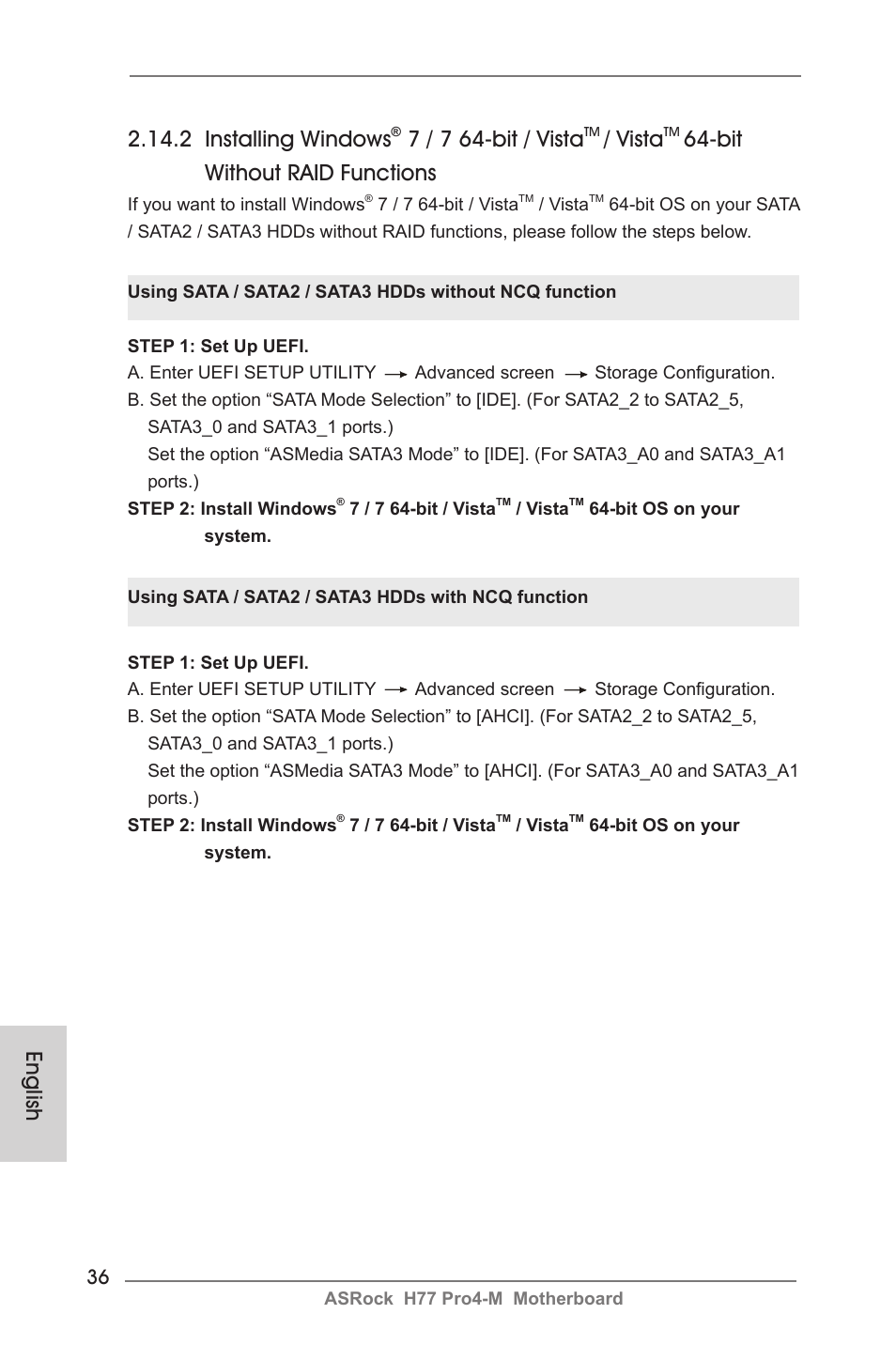 English 2.14.2 installing windows, 7 / 7 64-bit / vista, Vista | Bit without raid functions | ASRock H77 Pro4-M User Manual | Page 36 / 230
