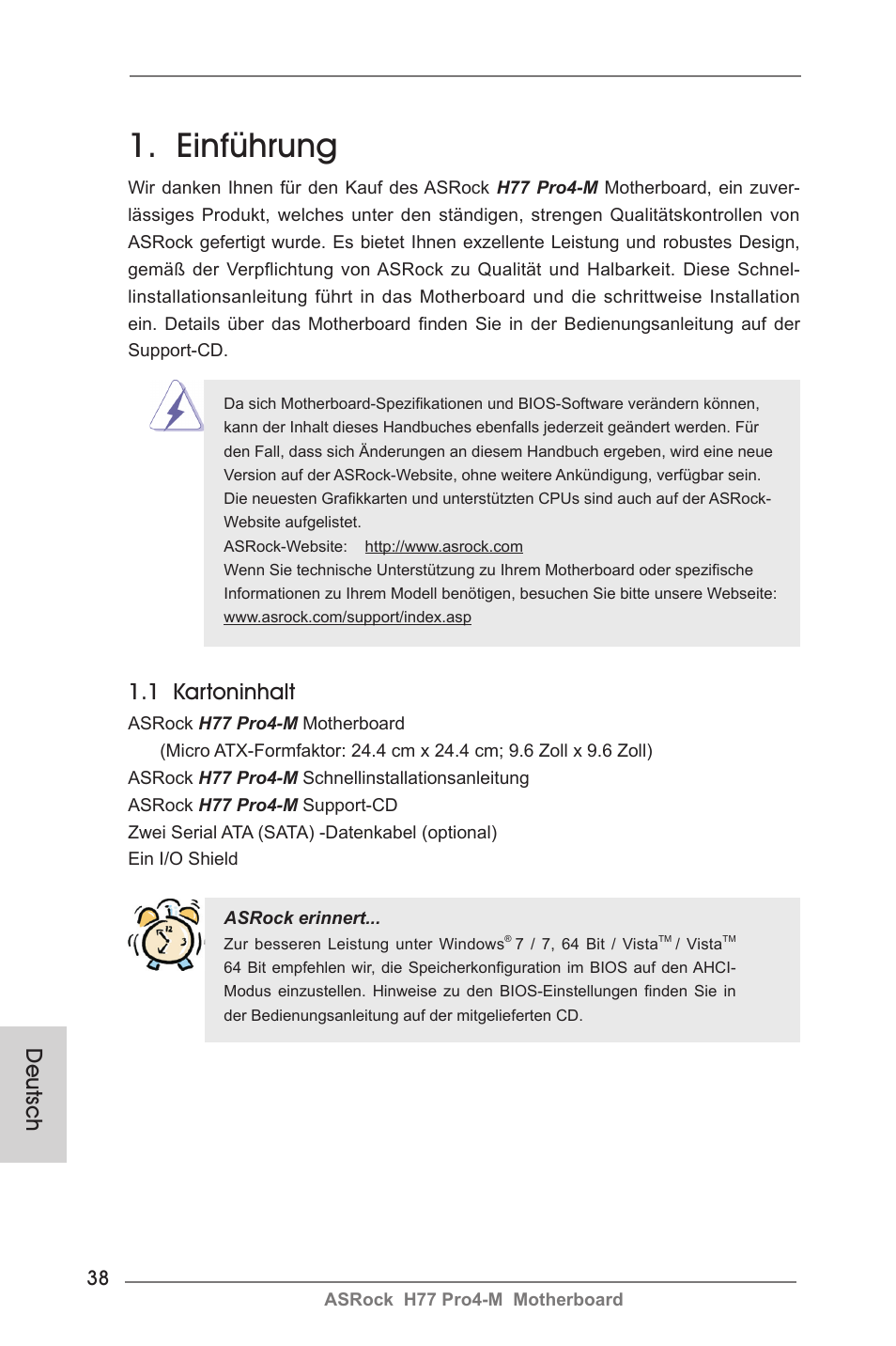 German, Einführung, 1 kartoninhalt | Deutsch | ASRock H77 Pro4-M User Manual | Page 38 / 230