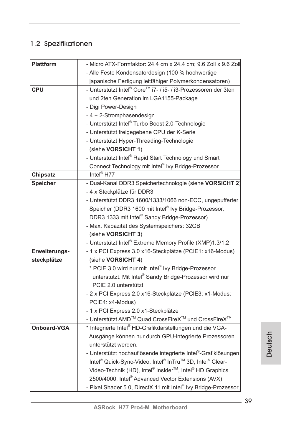 Deutsch 1.2 spezifikationen | ASRock H77 Pro4-M User Manual | Page 39 / 230