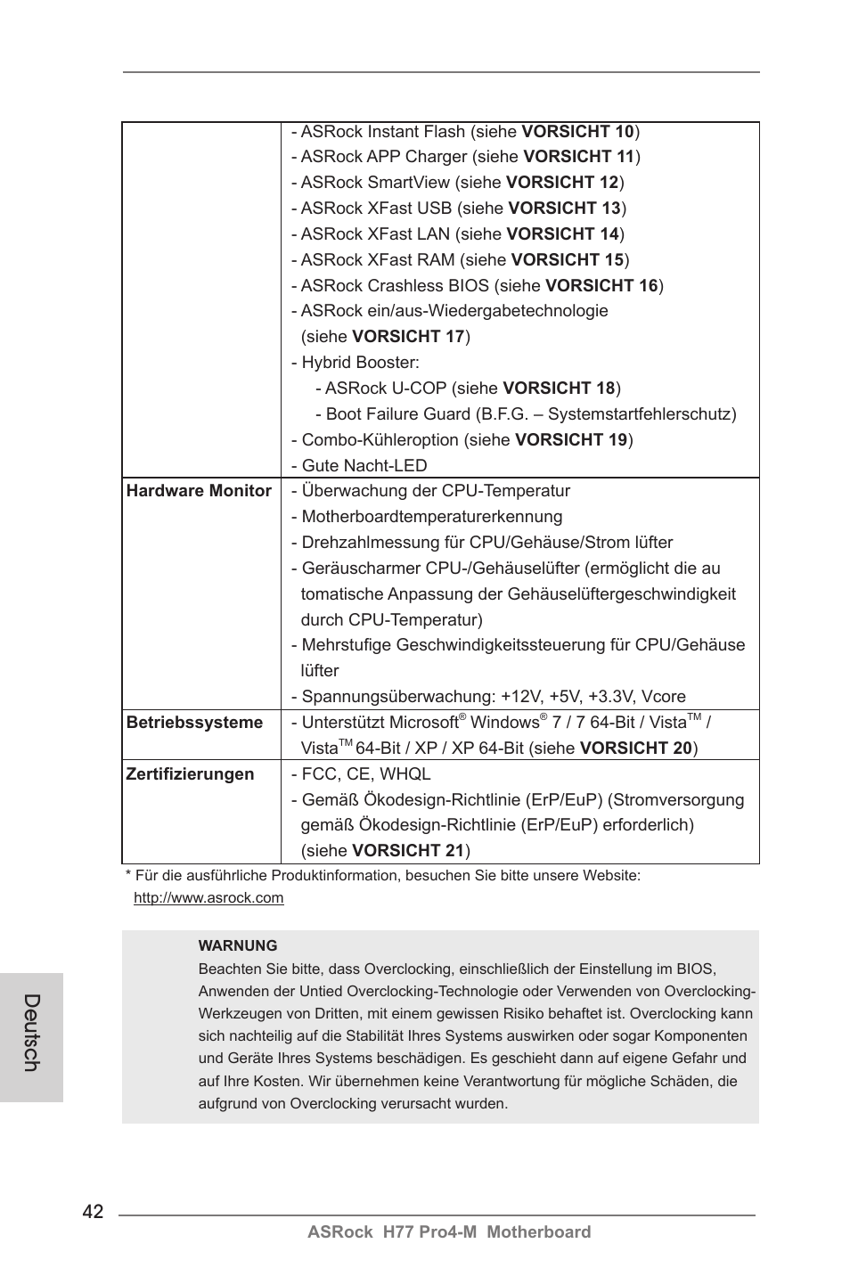 Deutsch | ASRock H77 Pro4-M User Manual | Page 42 / 230