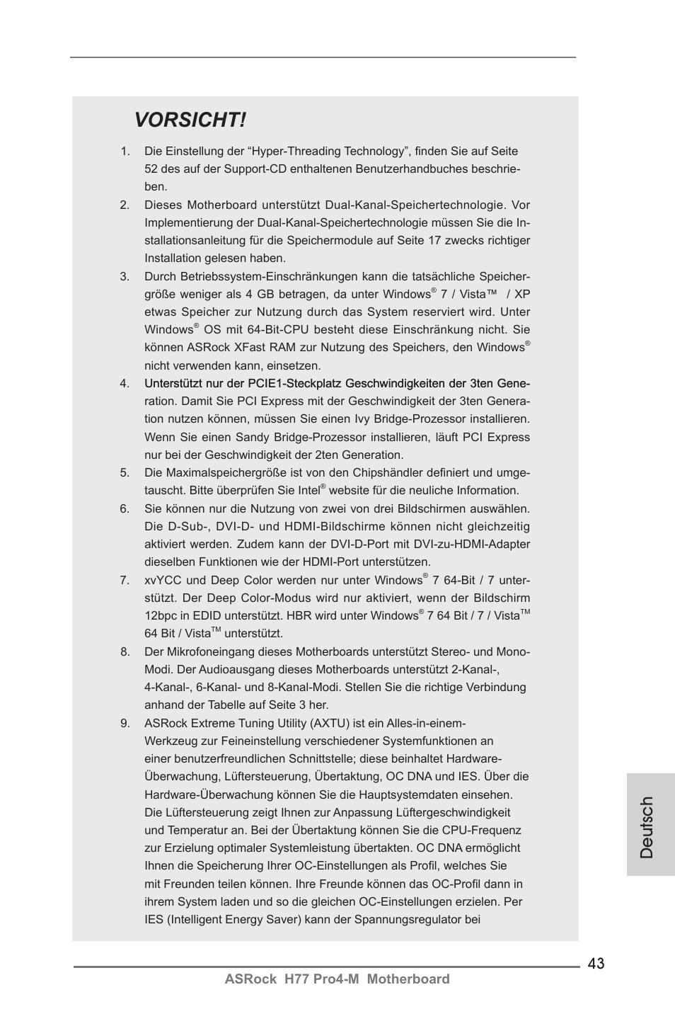 Vorsicht, Deutsch | ASRock H77 Pro4-M User Manual | Page 43 / 230