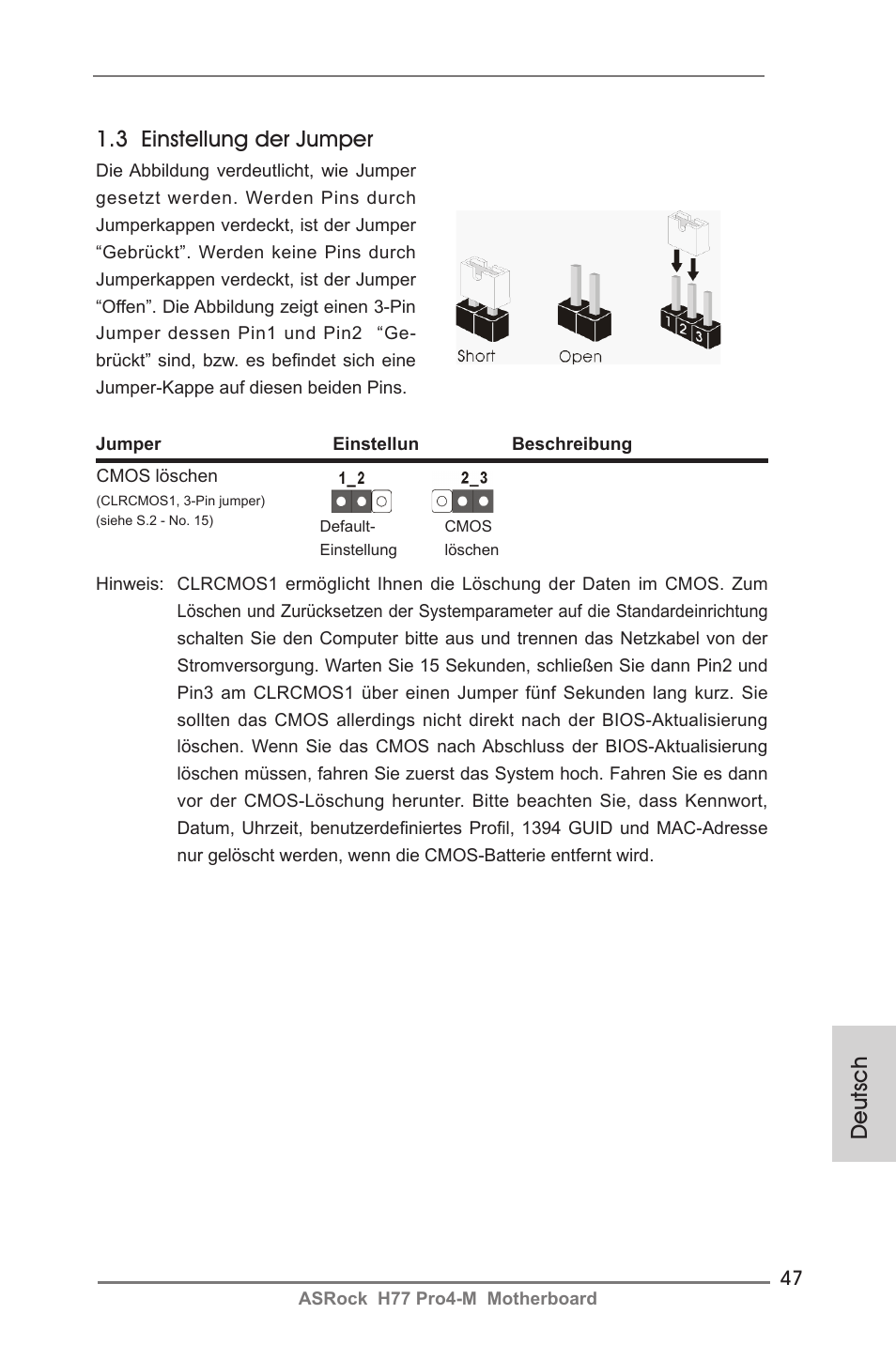 Deutsch 1.3 einstellung der jumper | ASRock H77 Pro4-M User Manual | Page 47 / 230
