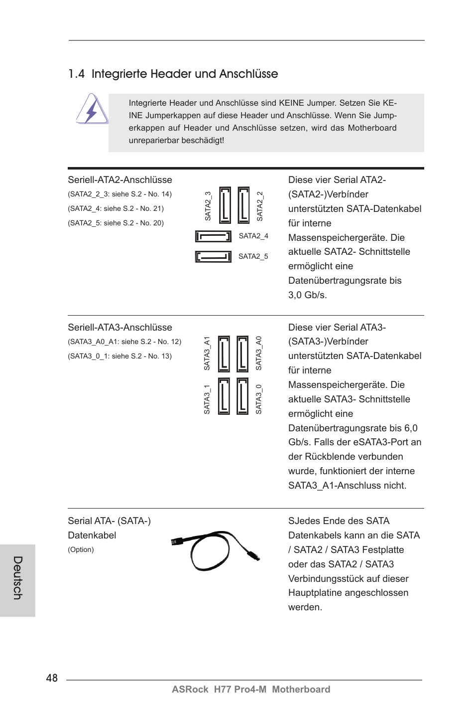 Deutsch, 4 integrierte header und anschlüsse | ASRock H77 Pro4-M User Manual | Page 48 / 230