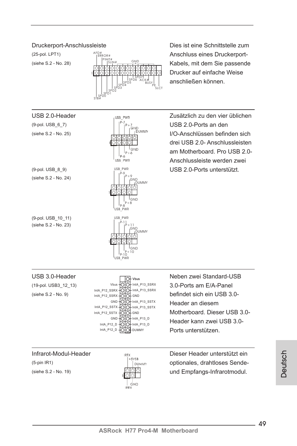 Deutsch, Asrock h77 pro4-m motherboard, Anschluss eines druckerport | Ports am e/a-panel, Usb 2.0-ports an den, Usb 2.0-ports unterstützt, Optionales, drahtloses sende, Und empfangs-infrarotmodul | ASRock H77 Pro4-M User Manual | Page 49 / 230