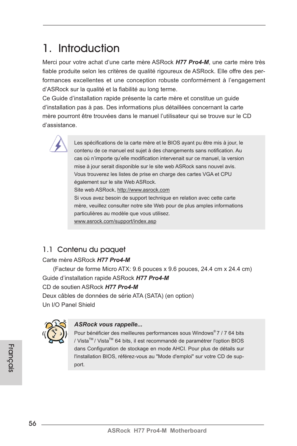 French, Introduction, 1 contenu du paquet | Français | ASRock H77 Pro4-M User Manual | Page 56 / 230
