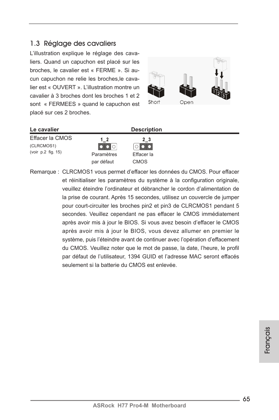 Français 1.3 réglage des cavaliers | ASRock H77 Pro4-M User Manual | Page 65 / 230