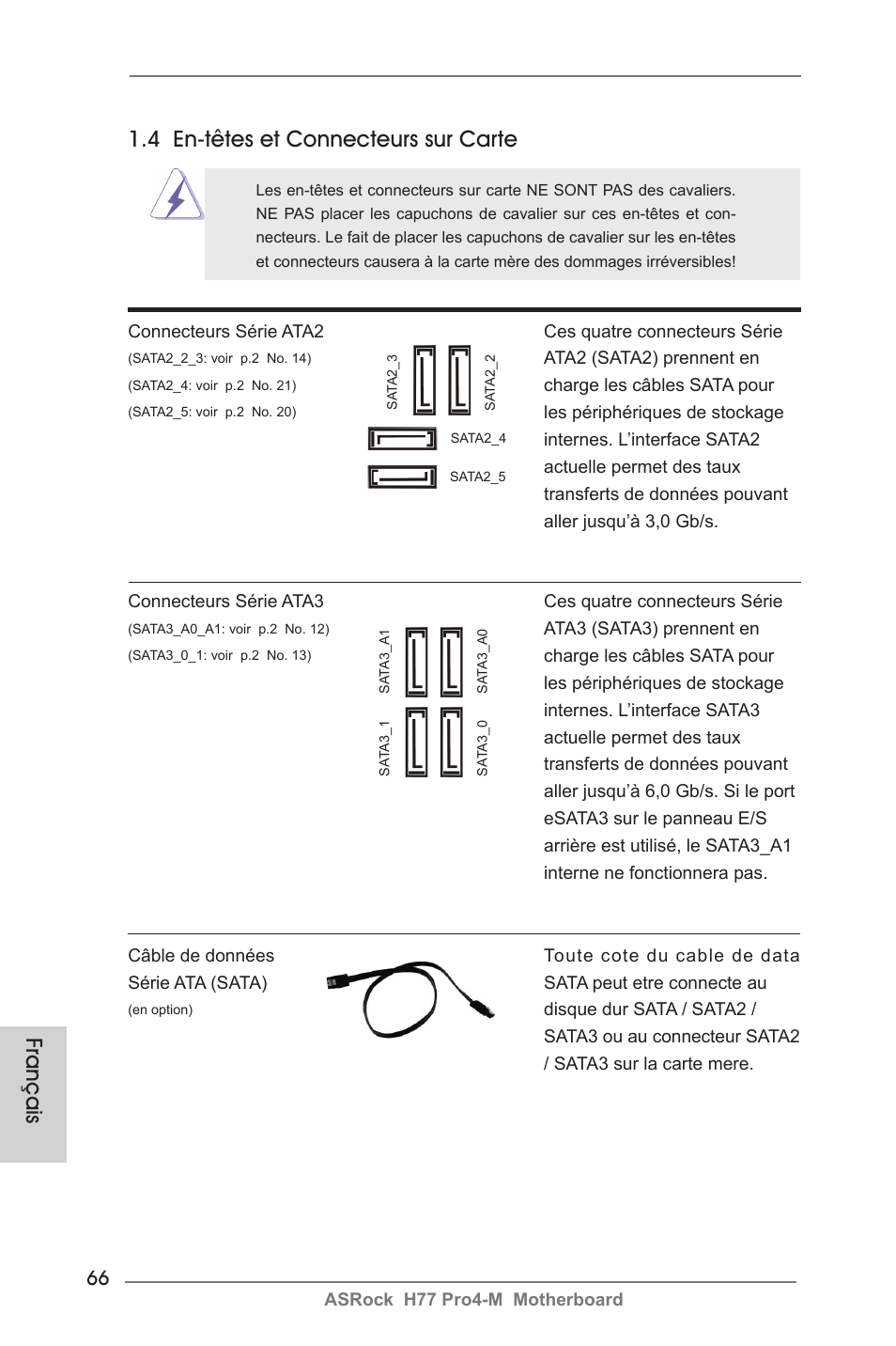 Français, 4 en-têtes et connecteurs sur carte | ASRock H77 Pro4-M User Manual | Page 66 / 230