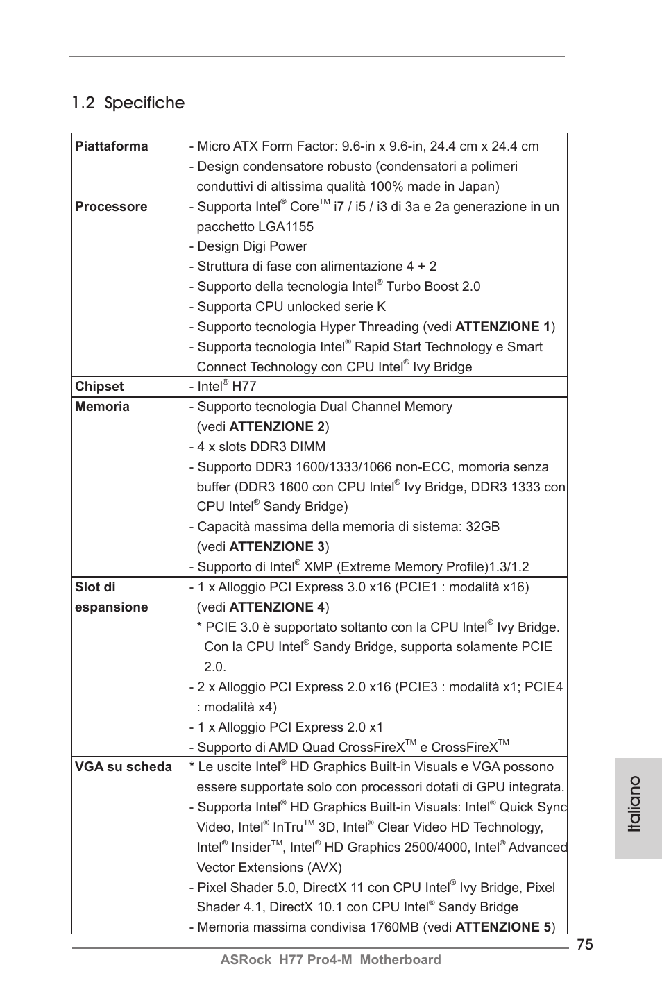 Italiano 1.2 specifiche | ASRock H77 Pro4-M User Manual | Page 75 / 230