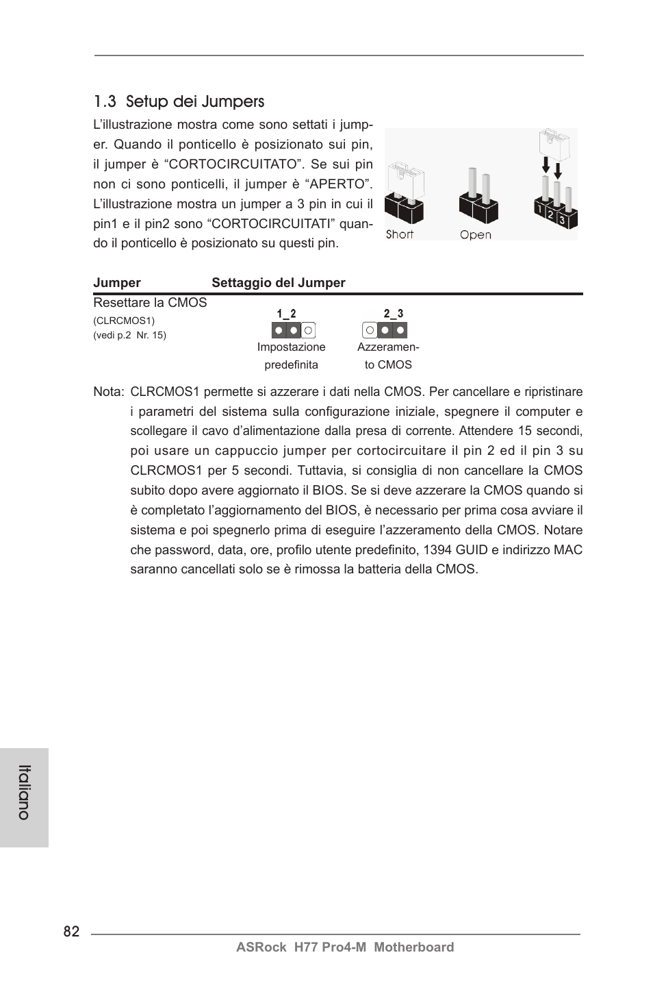 Italiano 1.3 setup dei jumpers | ASRock H77 Pro4-M User Manual | Page 82 / 230