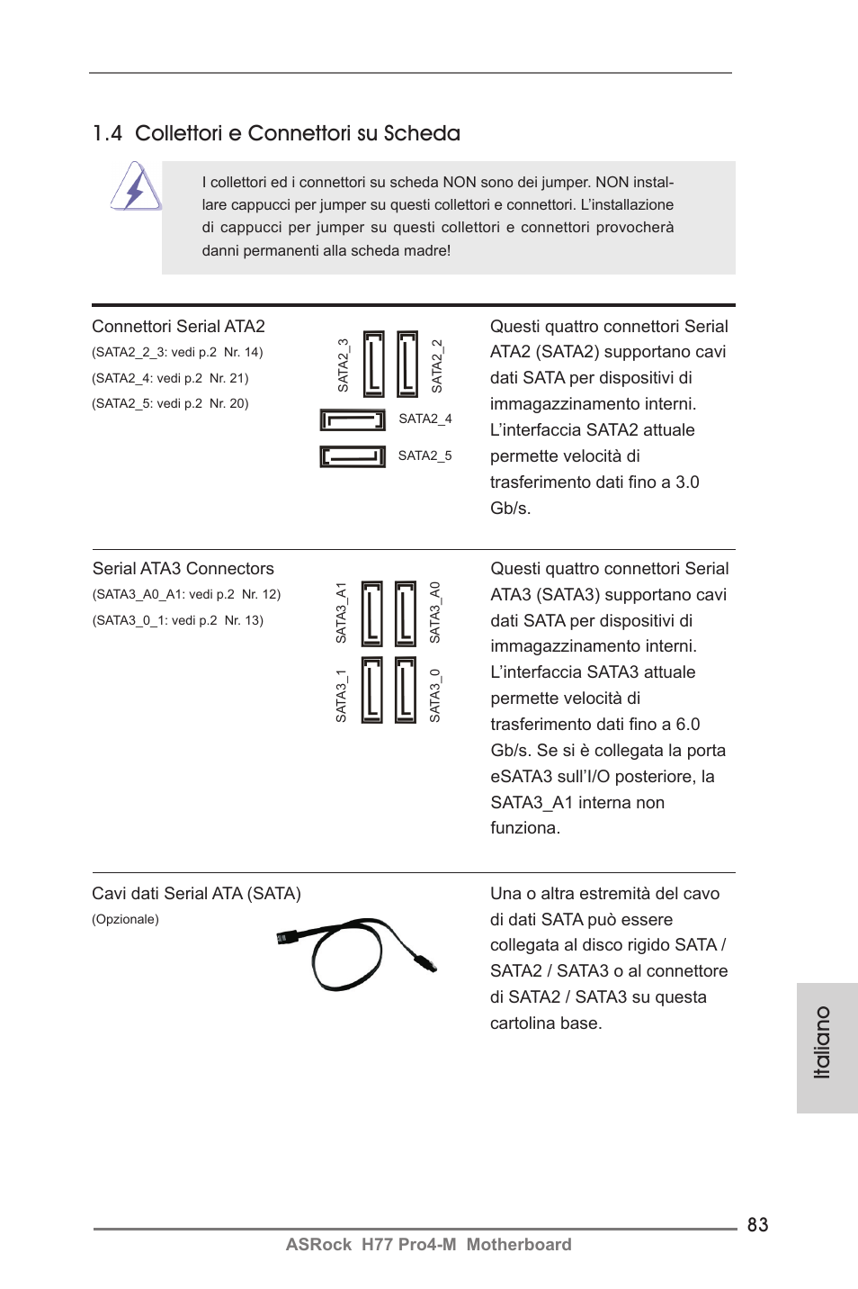 Italiano 1.4 collettori e connettori su scheda | ASRock H77 Pro4-M User Manual | Page 83 / 230