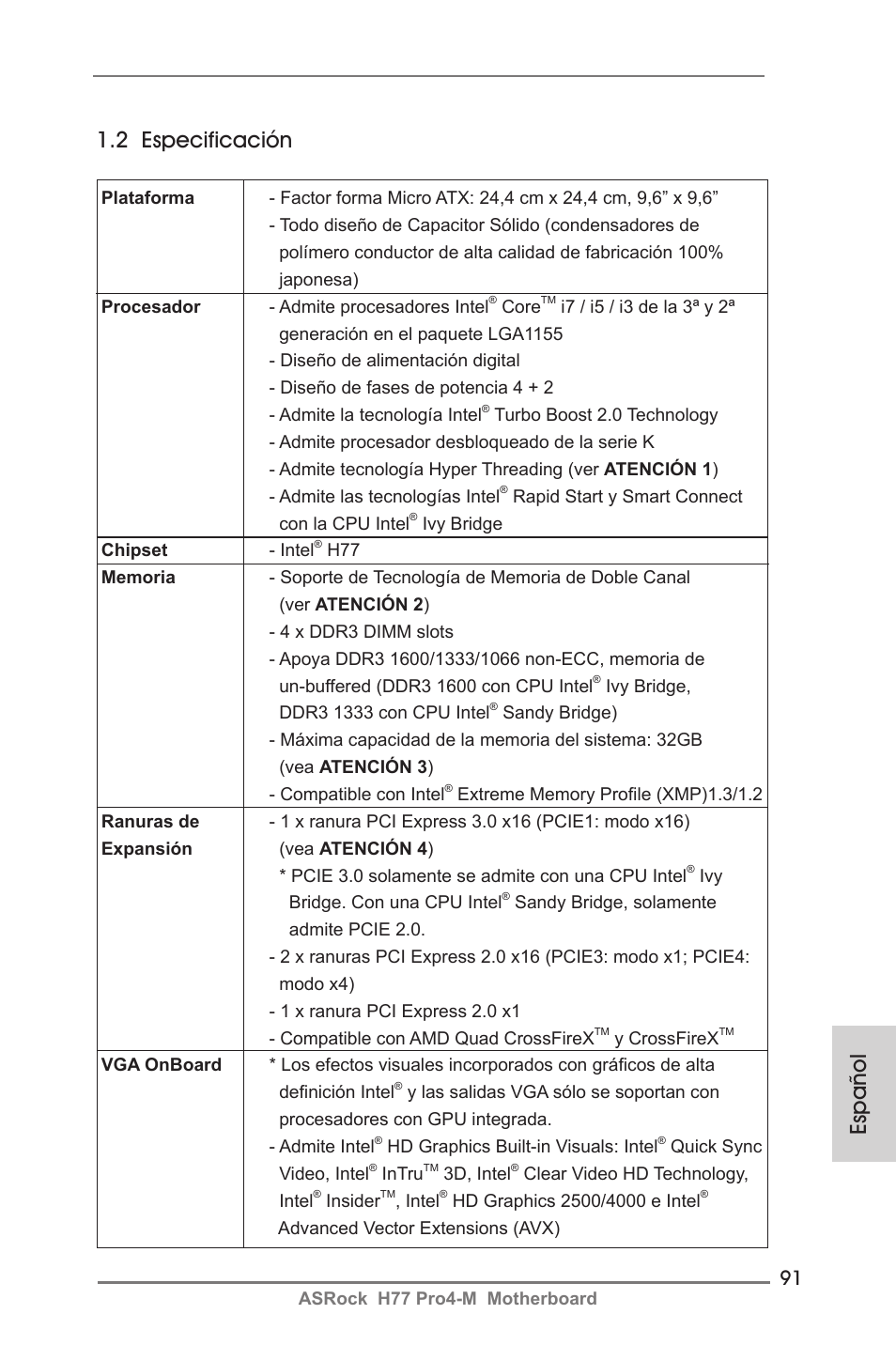 Español 1.2 especificación | ASRock H77 Pro4-M User Manual | Page 91 / 230