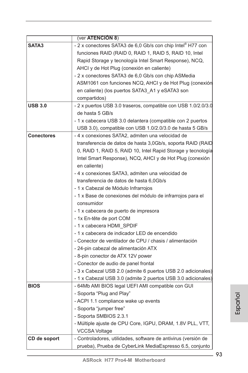 Español | ASRock H77 Pro4-M User Manual | Page 93 / 230