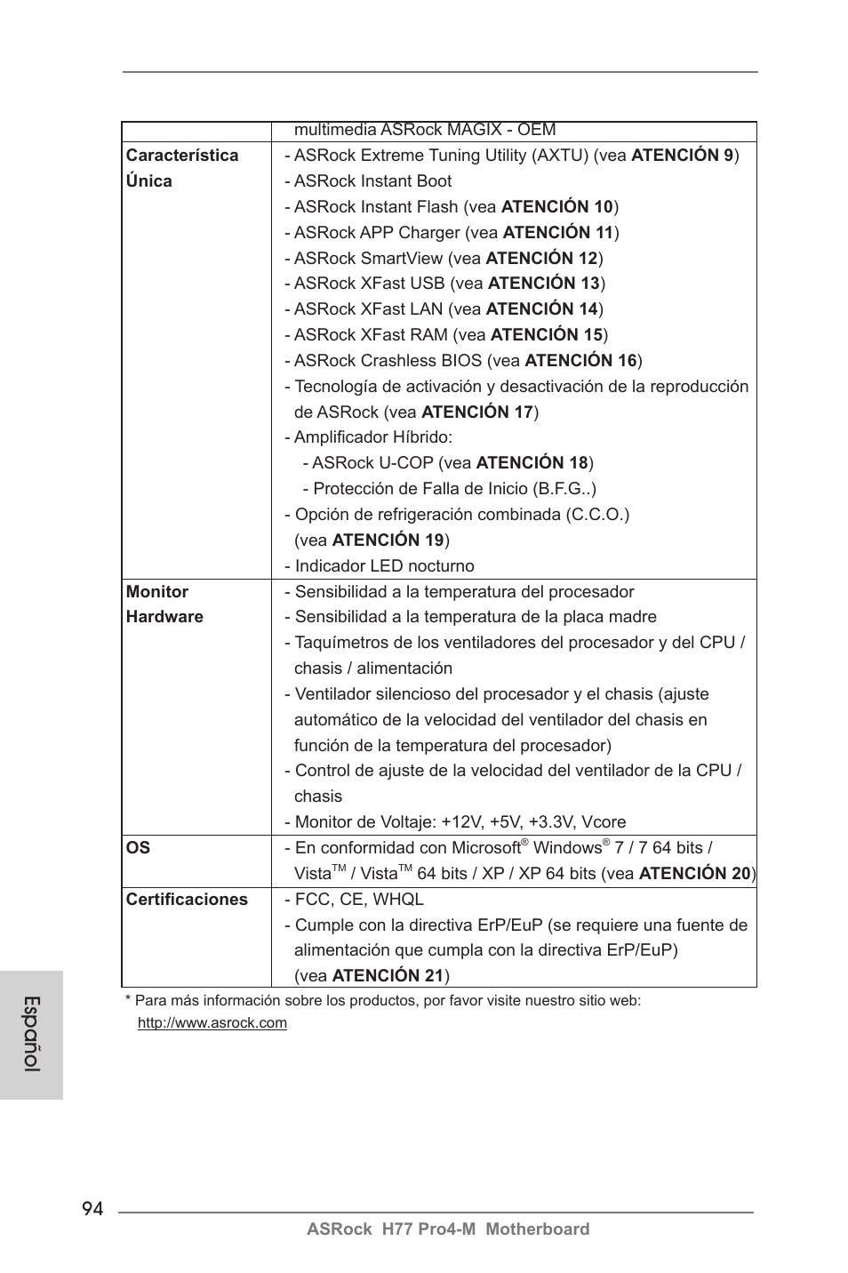 Español | ASRock H77 Pro4-M User Manual | Page 94 / 230