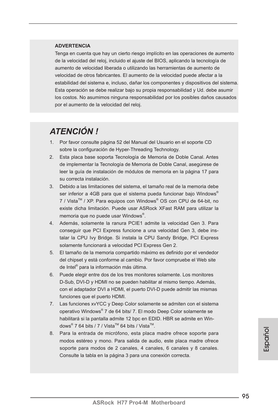 Atención, Español, Asrock h77 pro4-m motherboard | ASRock H77 Pro4-M User Manual | Page 95 / 230