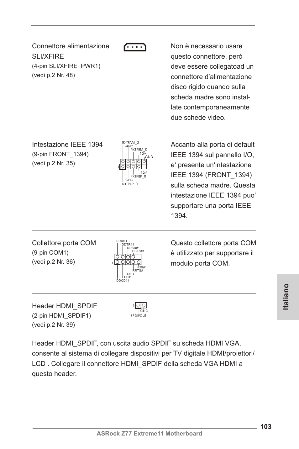 Italiano, Collettore porta com, Connettore alimentazione sli/xfire | Intestazione ieee 1394 | ASRock Z77 Extreme11 User Manual | Page 103 / 241