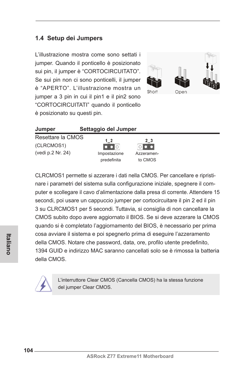 Italiano 1.4 setup dei jumpers | ASRock Z77 Extreme11 User Manual | Page 104 / 241