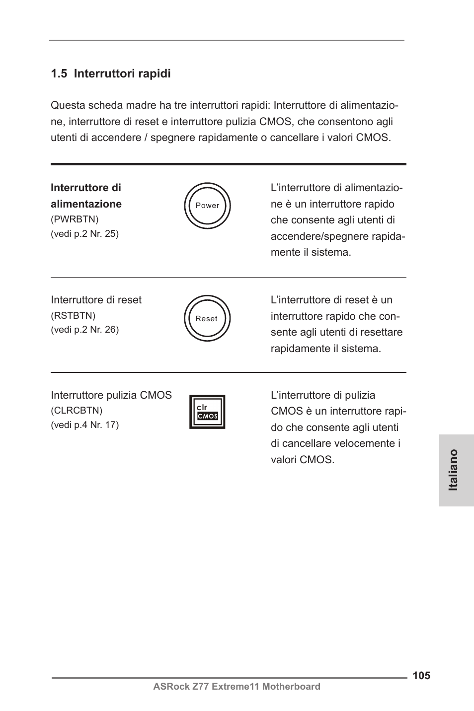 Italiano, 5 interruttori rapidi | ASRock Z77 Extreme11 User Manual | Page 105 / 241