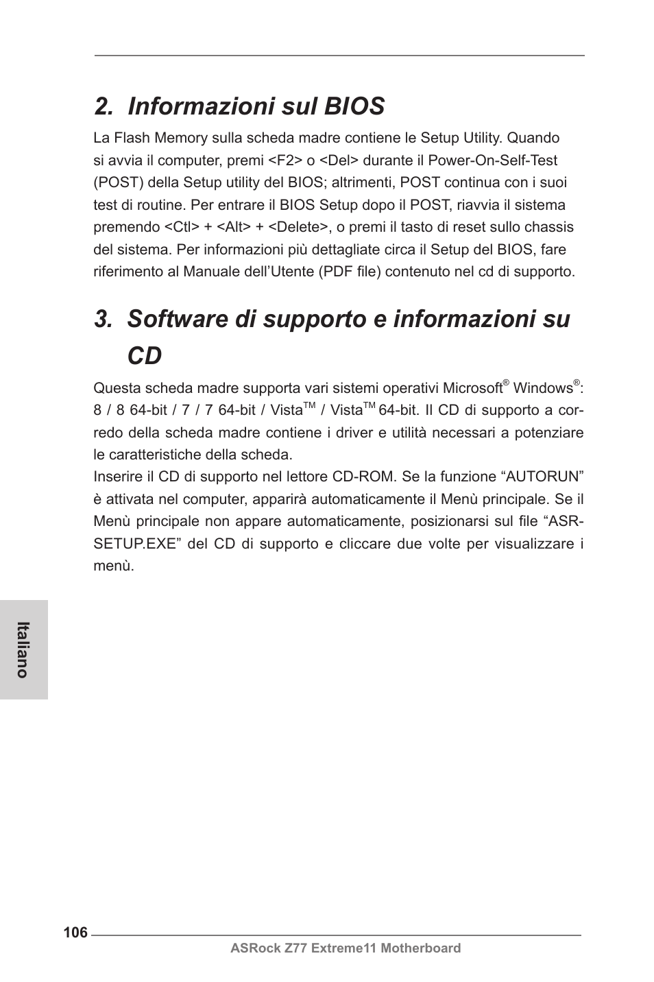 Informazioni sul bios, Software di supporto e informazioni su cd | ASRock Z77 Extreme11 User Manual | Page 106 / 241