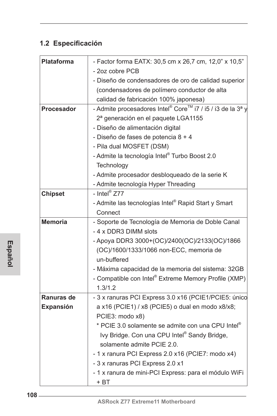 Español 1.2 especificación | ASRock Z77 Extreme11 User Manual | Page 108 / 241