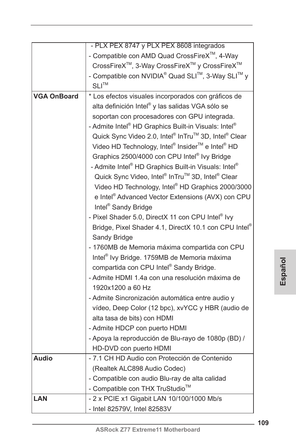 Español | ASRock Z77 Extreme11 User Manual | Page 109 / 241