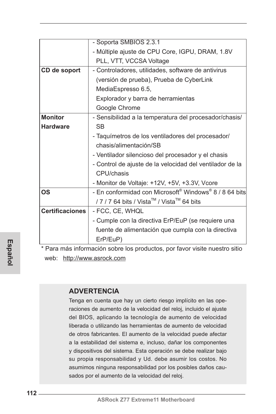 Español, Advertencia | ASRock Z77 Extreme11 User Manual | Page 112 / 241