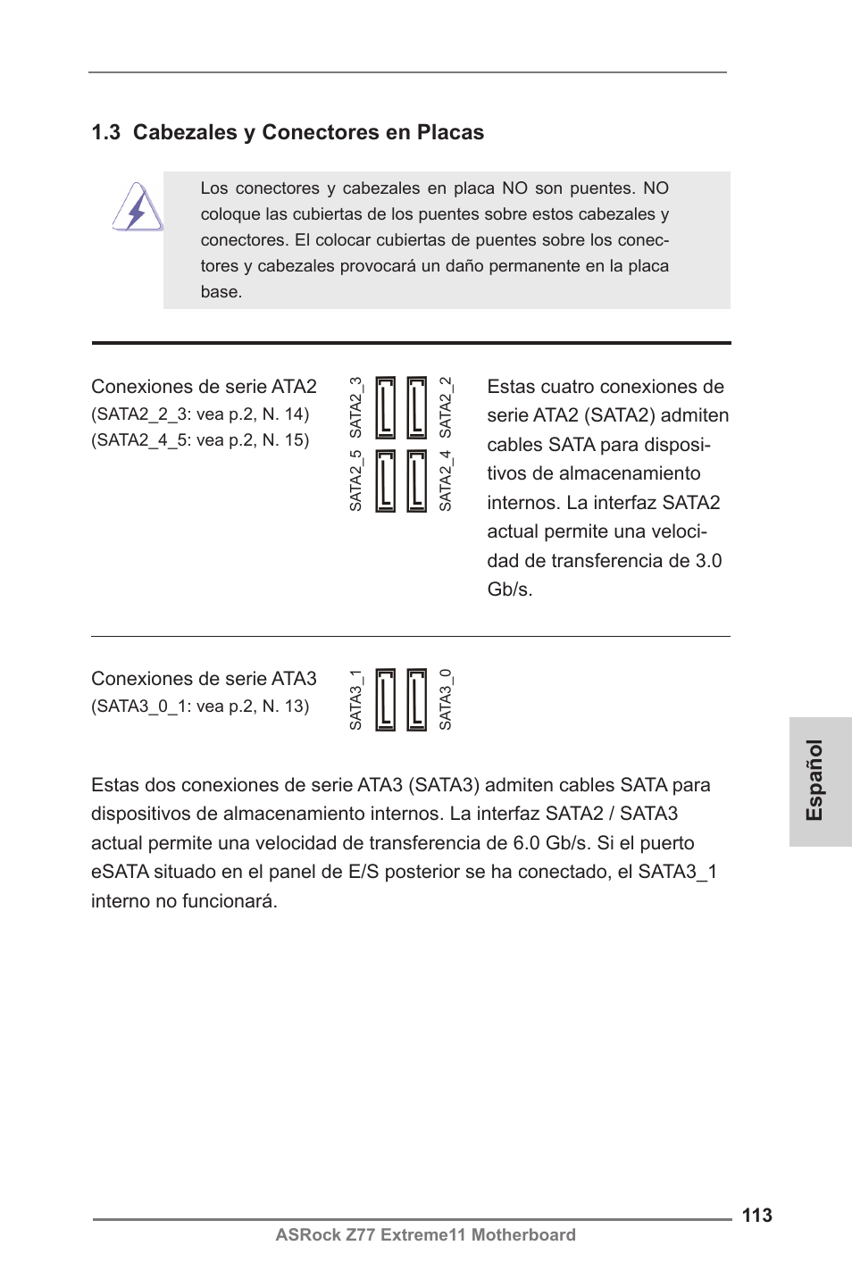 Español 1.3 cabezales y conectores en placas | ASRock Z77 Extreme11 User Manual | Page 113 / 241