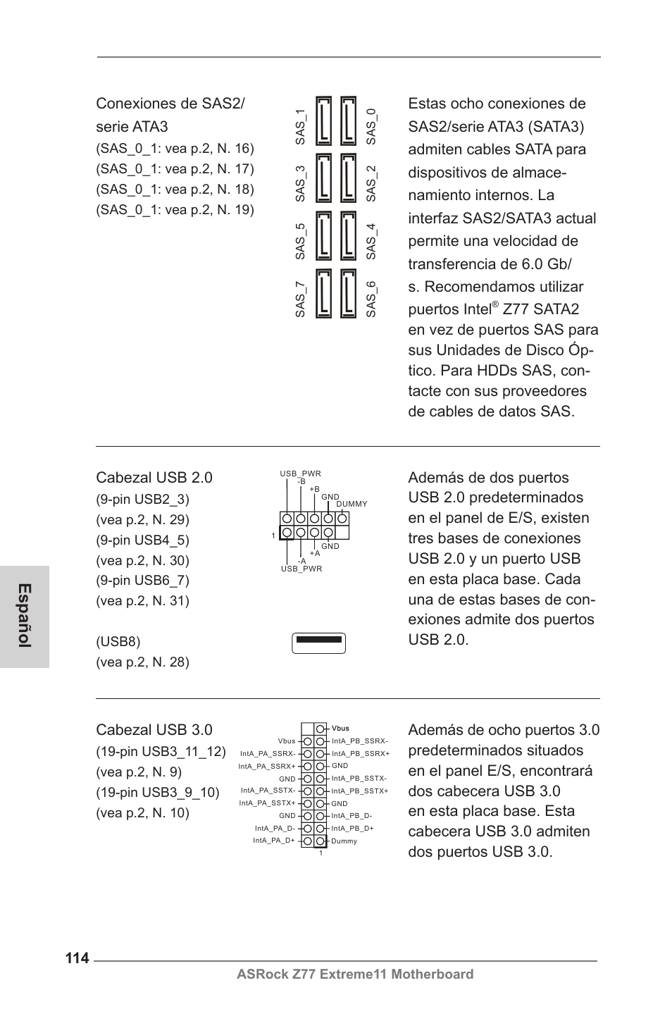 Español, Cabezal usb 3.0, Cabezal usb 2.0 | Conexiones de sas2/ serie ata3, Asrock z77 extreme11 motherboard | ASRock Z77 Extreme11 User Manual | Page 114 / 241