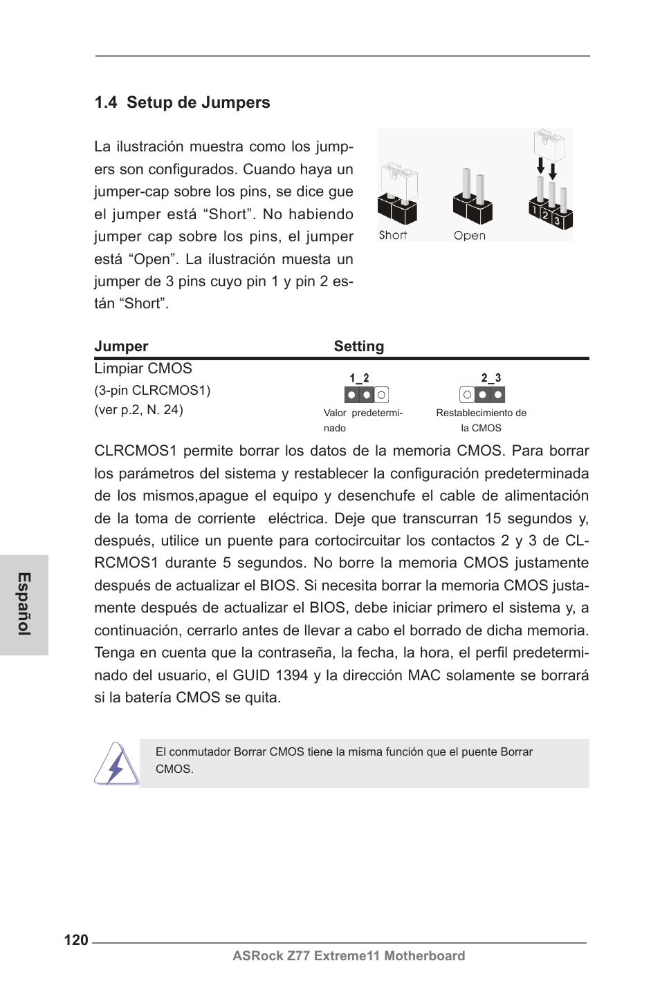 Español 1.4 setup de jumpers | ASRock Z77 Extreme11 User Manual | Page 120 / 241