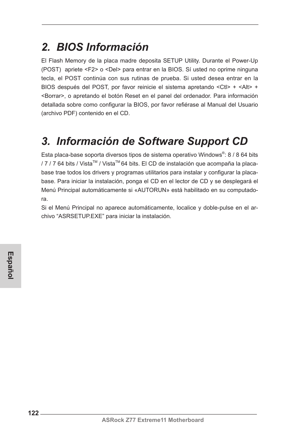 Bios información, Información de software support cd, Español | ASRock Z77 Extreme11 User Manual | Page 122 / 241